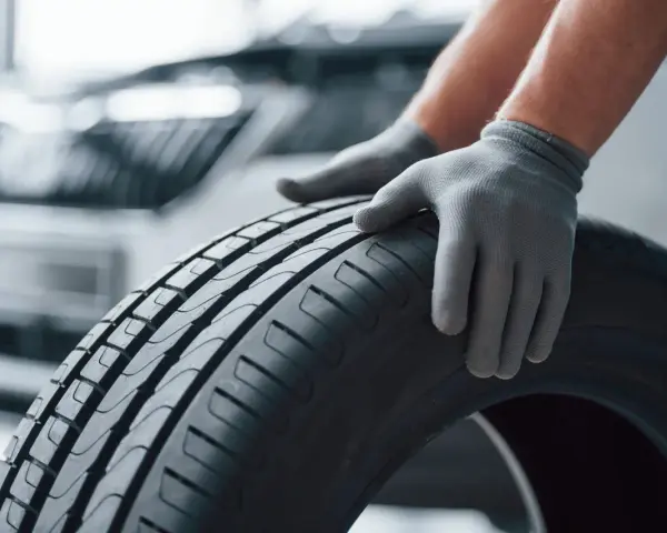 Mani guantate controllano il battistrada di uno pneumatico, valutando la sua durata gomme auto.