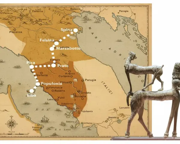 Mappa dei siti etruschi in Toscana, con un percorso tratteggiato che collega città come Spina, Felsina, Marzabotto, Pisa, Populonia e l'Elba.