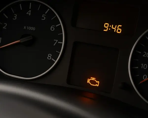 Spia motore accesa, forse un'avaria servosterzo. L'ora è 9:46.
