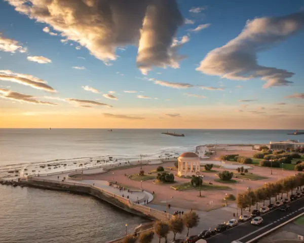 Vista dall'alto della Terrazza Mascagni al tramonto, con il mare calmo, nuvole dorate e la caratteristica pavimentazione.