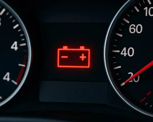 Cruscotto auto con spia della batteria accesa in rosso. Indica un problema di ricarica o un guasto.