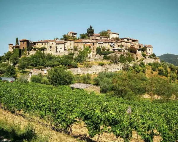Borgo medievale su una collina, circondato da vigneti e ulivi. Le bandiere arancioni toscana sventolano tra le case di pietra.