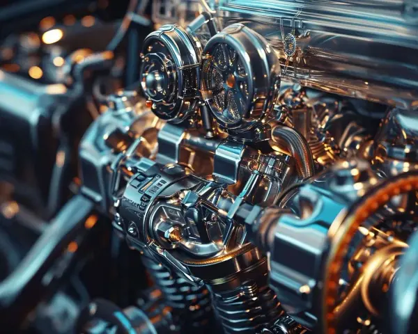 Dettaglio di un motore con turbocompressore. Se la puleggia albero motore è rotta, i sintomi possono includere rumori strani e perdita di potenza.