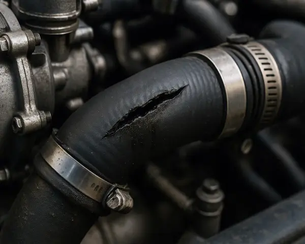 Manicotto radiatore rotto, un sintomo di problemi al motore. La crepa è visibile, con liquido che fuoriesce.