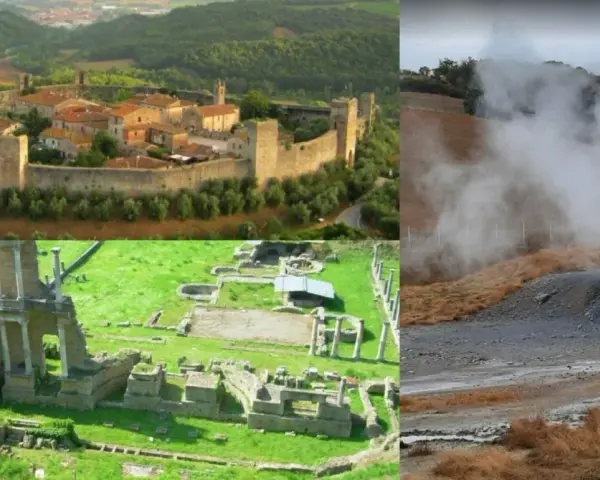 Paesaggi toscani: borgo medievale fortificato, rovine antiche e soffioni boraciferi che emettono vapore.