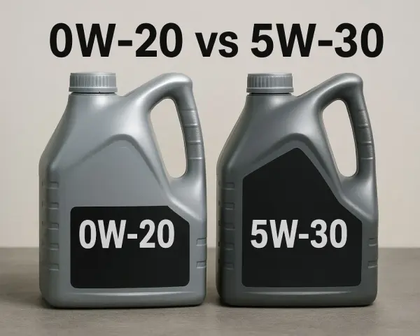 Due taniche di olio motore, 0W-20 e 5W-30, a confronto per la corretta gradazione.