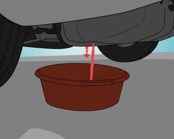 Liquido rosso scende da un'auto in un contenitore. Si sta svuotando il serbatoio auto con tubo.