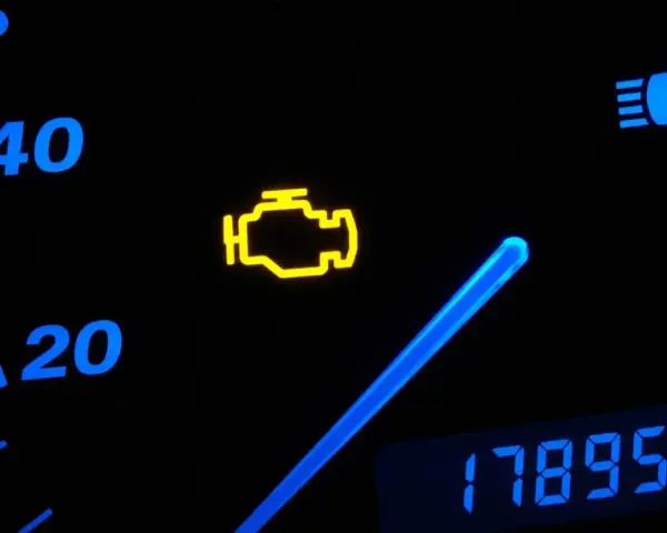 Cruscotto auto con spia motore accesa. La spia gialla a forma di motore indica un problema. Oltre, indicatori di velocità e chilometraggio.