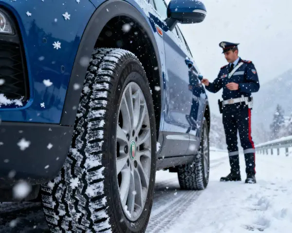 Agente controlla pneumatici invernali su auto blu in nevicata, rispettando art. 79 cds.