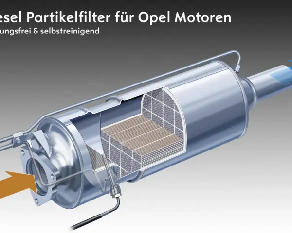 Filtro antiparticolato per motori Opel. La spia FAP accesa indica un problema. Il filtro è mostrato in sezione, con il flusso dei gas di scarico.