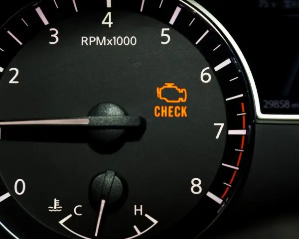 Spia motore accesa ma la macchina va bene. Il cruscotto mostra il contagiri e la spia "CHECK ENGINE" illuminata, nonostante l'auto funzioni regolarmente.