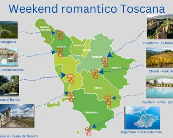 Mappa della Toscana con itinerari per una settimana in Toscana: castelli, borghi, canyon, vigneti, terme e mare.