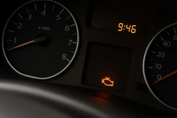 Spia gas di scarico accesa: cosa fare? Il cruscotto mostra l'icona del motore e l'ora 9:46.