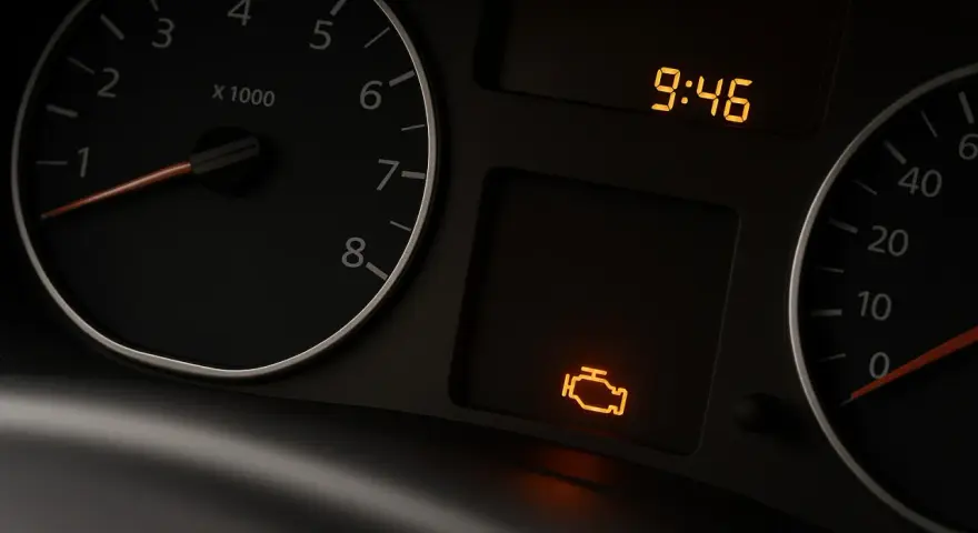 Spia gas di scarico accesa: cosa fare? Il cruscotto mostra l'icona del motore e l'ora 9:46.