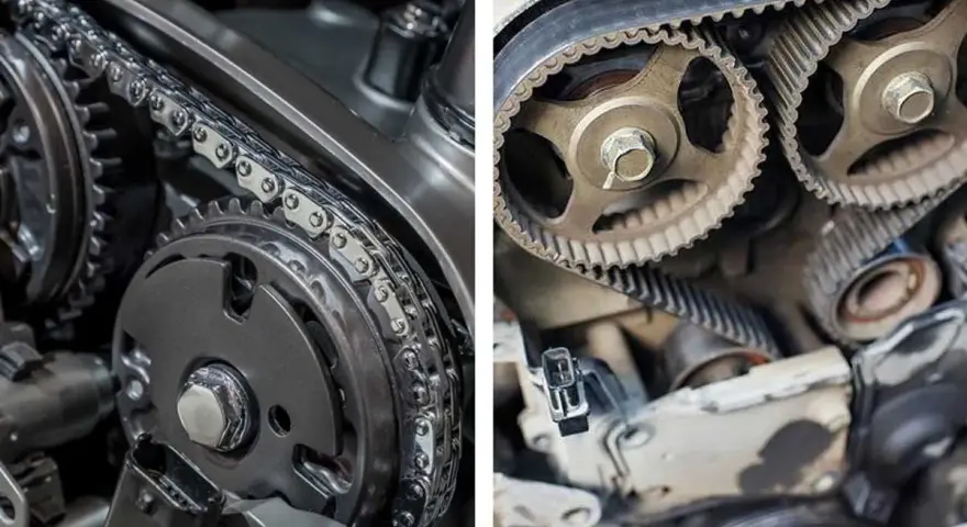 Dettaglio di un motore: a sinistra, una catena di distribuzione metallica; a destra, una cinghia dentata. È ora che la catena di distribuzione si cambia.