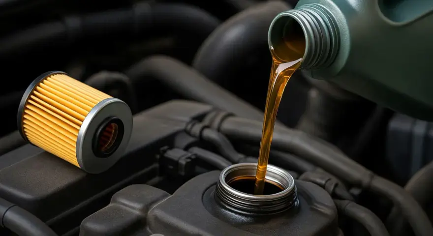 Un nuovo filtro e olio motore versato da una tanica, pronti per il cambio olio.