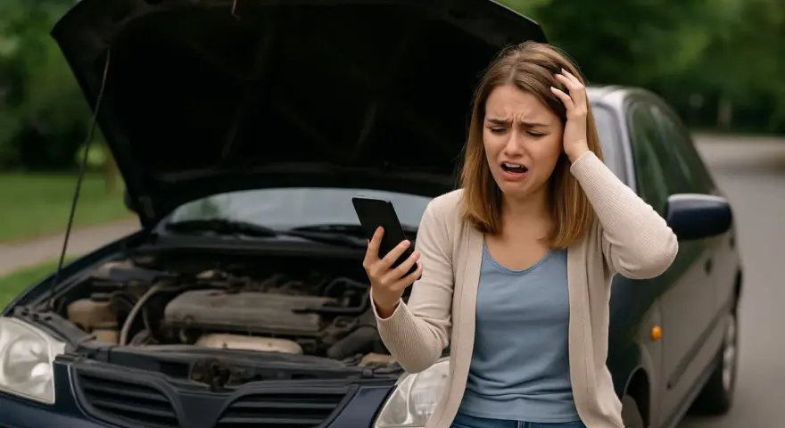 Ragazza disperata guarda il telefono, cofano aperto, la macchina non parte cause sconosciute.