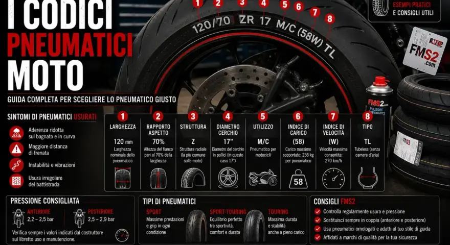 Guida per leggere i codici velocità gomme moto: larghezza, rapporto, struttura, diametro cerchio, indice di carico e velocità.