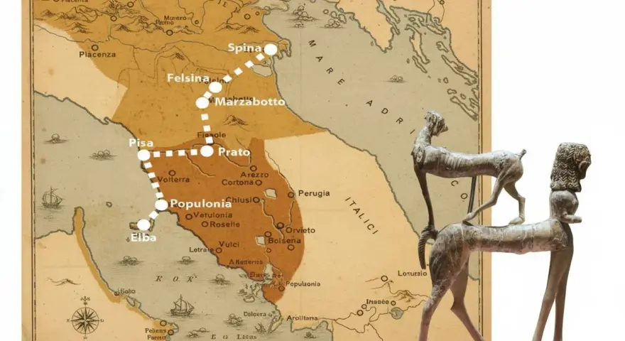 Mappa dei siti etruschi in Toscana, con un percorso tratteggiato che collega città come Spina, Felsina, Marzabotto, Pisa, Populonia e l'Elba.