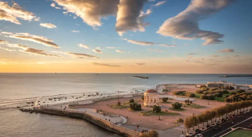 Vista dall'alto della Terrazza Mascagni al tramonto, con il mare calmo, nuvole dorate e la caratteristica pavimentazione.