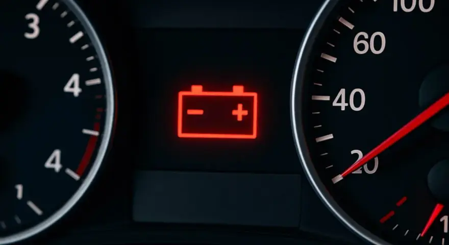 Cruscotto auto con spia della batteria accesa in rosso. Indica un problema di ricarica o un guasto.
