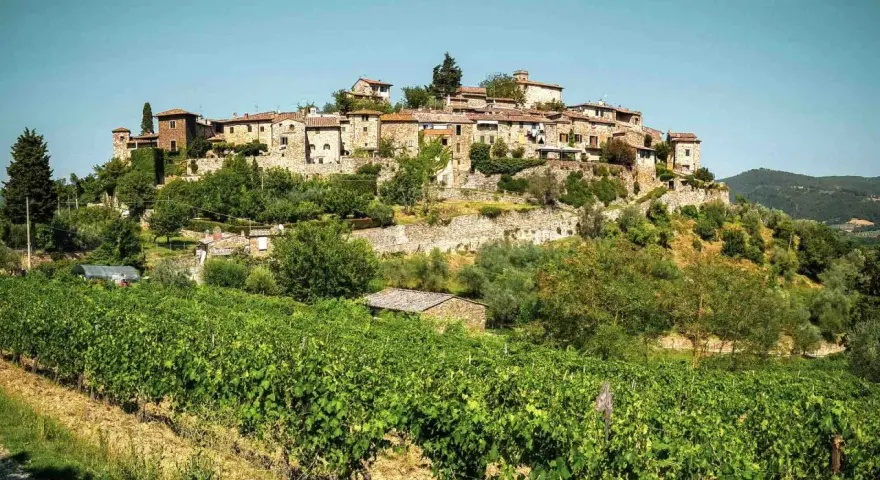 Borgo medievale su una collina, circondato da vigneti e ulivi. Le bandiere arancioni toscana sventolano tra le case di pietra.