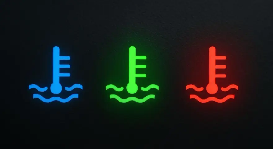 Tre icone di termometro indicano la temperatura motore: blu per freddo, verde per normale, rosso per surriscaldamento.