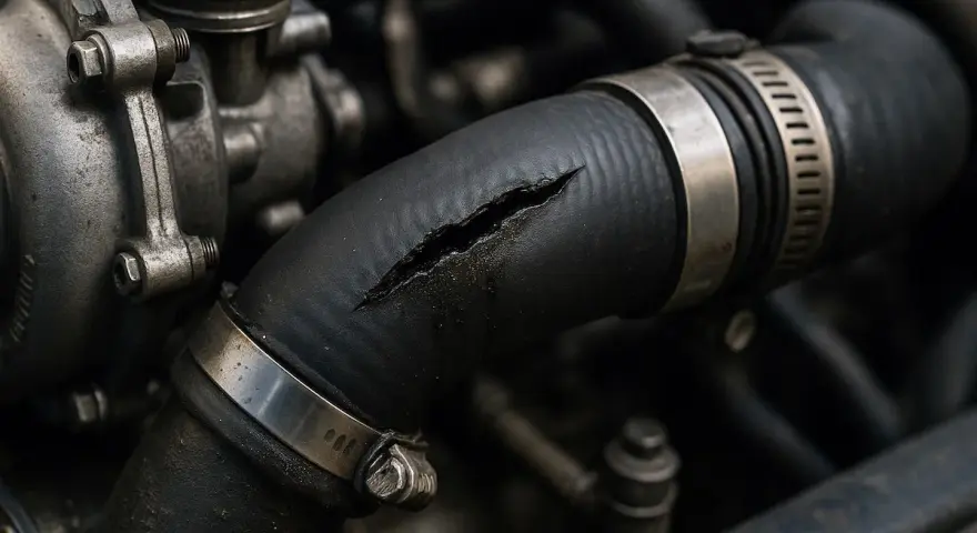Manicotto radiatore rotto, un sintomo di problemi al motore. La crepa è visibile, con liquido che fuoriesce.