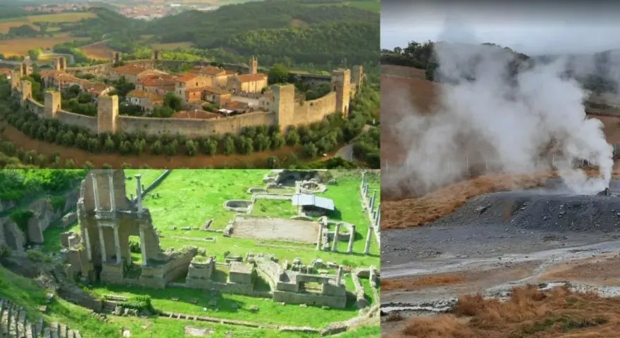 Paesaggi toscani: borgo medievale fortificato, rovine antiche e soffioni boraciferi che emettono vapore.