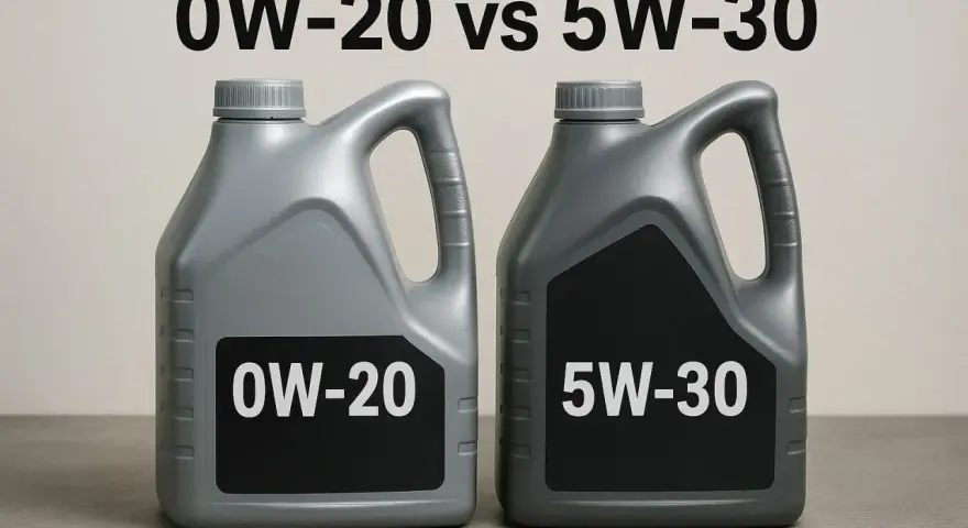 Due taniche di olio motore, 0W-20 e 5W-30, a confronto per la corretta gradazione.