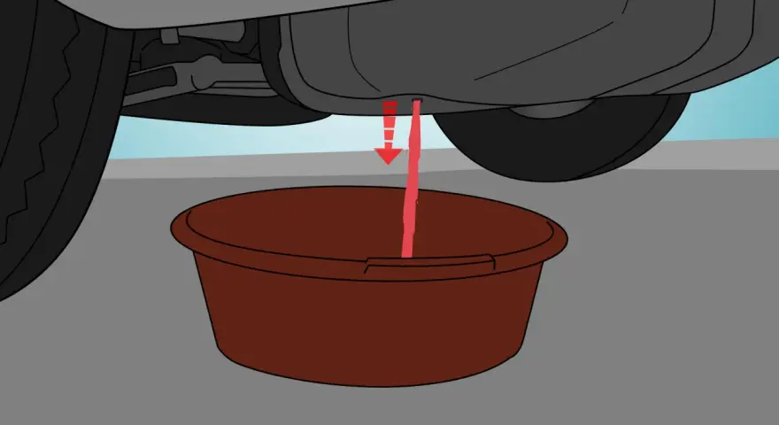 Liquido rosso scende da un'auto in un contenitore. Si sta svuotando il serbatoio auto con tubo.