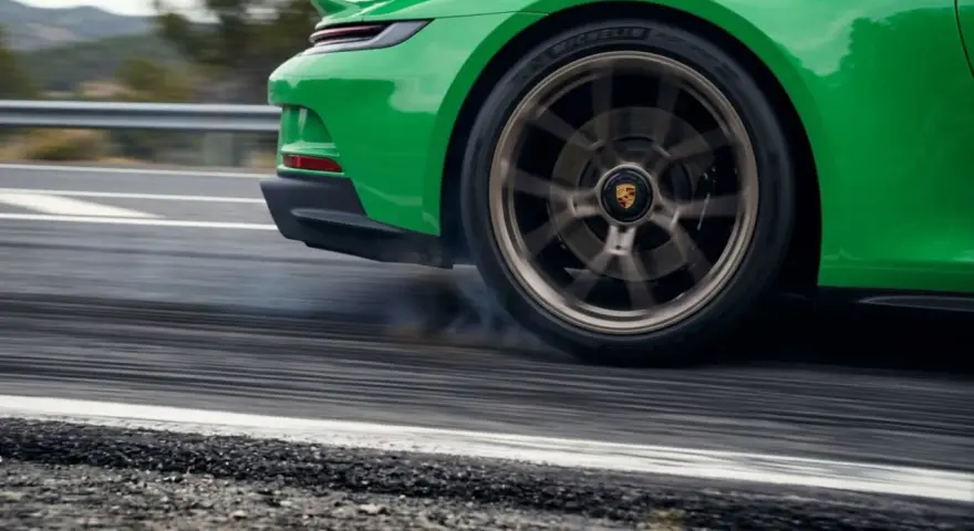 La ruota di un'auto sportiva verde lascia strisce sull'asfalto, producendo un rumore rotolamento pneumatici a bassa velocità.