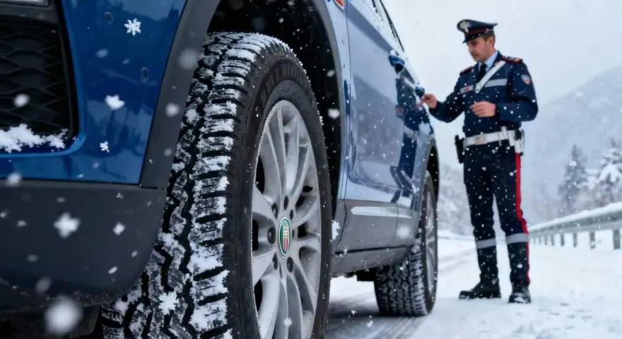 Agente controlla pneumatici invernali su auto blu in nevicata, rispettando art. 79 cds.