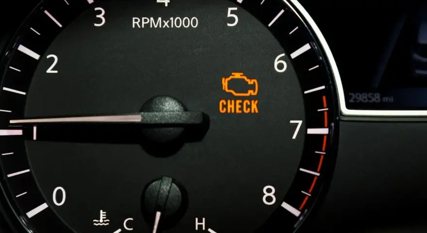 Spia motore accesa ma la macchina va bene. Il cruscotto mostra il contagiri e la spia "CHECK ENGINE" illuminata, nonostante l'auto funzioni regolarmente.