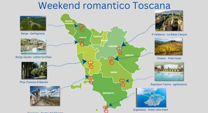 Mappa della Toscana con itinerari per una settimana in Toscana: castelli, borghi, canyon, vigneti, terme e mare.