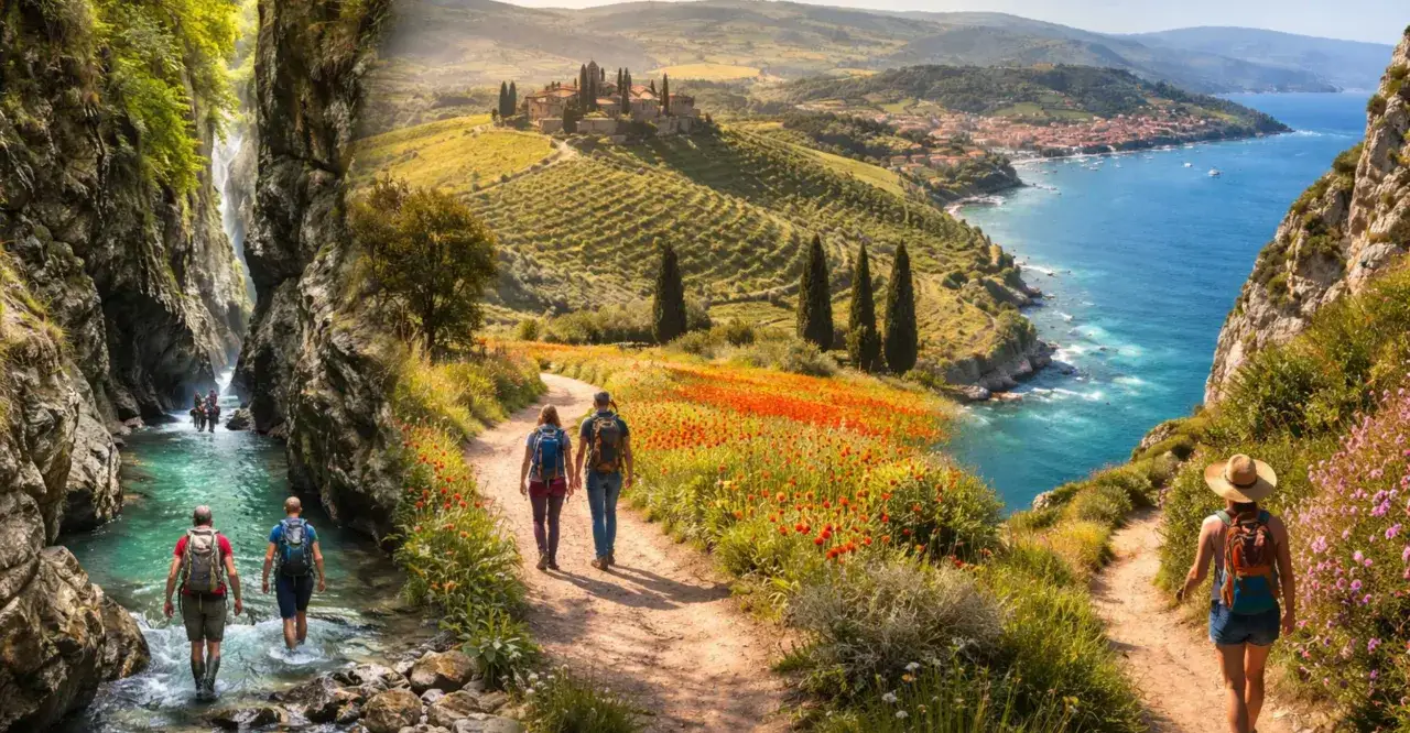 Escursionisti esplorano sentieri mozzafiato, tra canyon con cascate e colline toscane con papaveri, ideali per percorsi trekking Toscana.