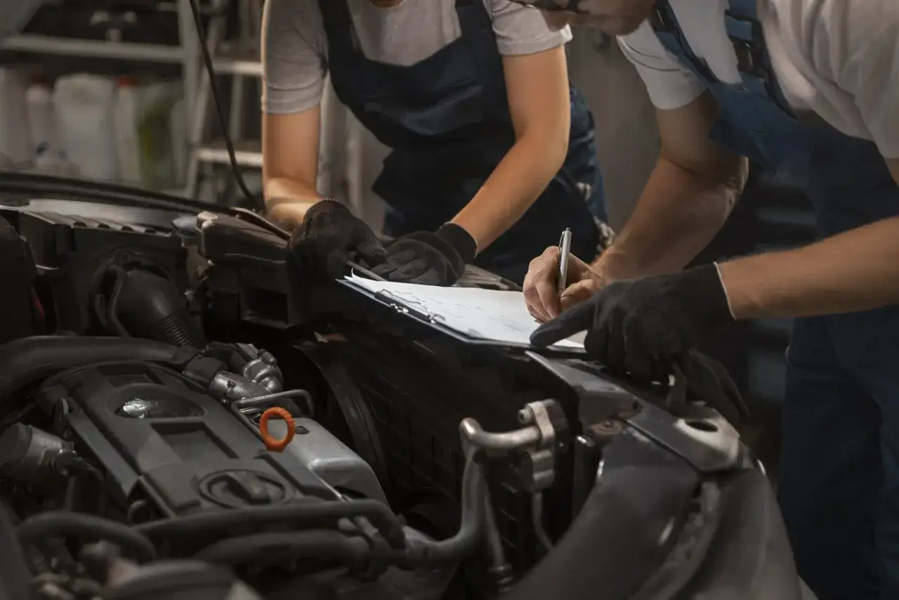 Due meccanici controllano un'auto. La revisione auto si può fare in tutta Italia, garantendo sicurezza su ogni strada.