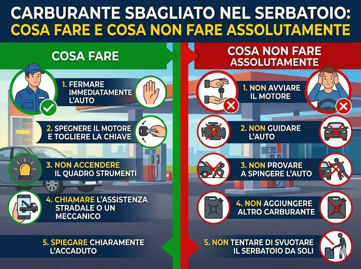 Guida su cosa fare e non fare se hai messo 3 litri di benzina nel diesel: ferma subito l'auto, non avviare il motore, chiama assistenza.