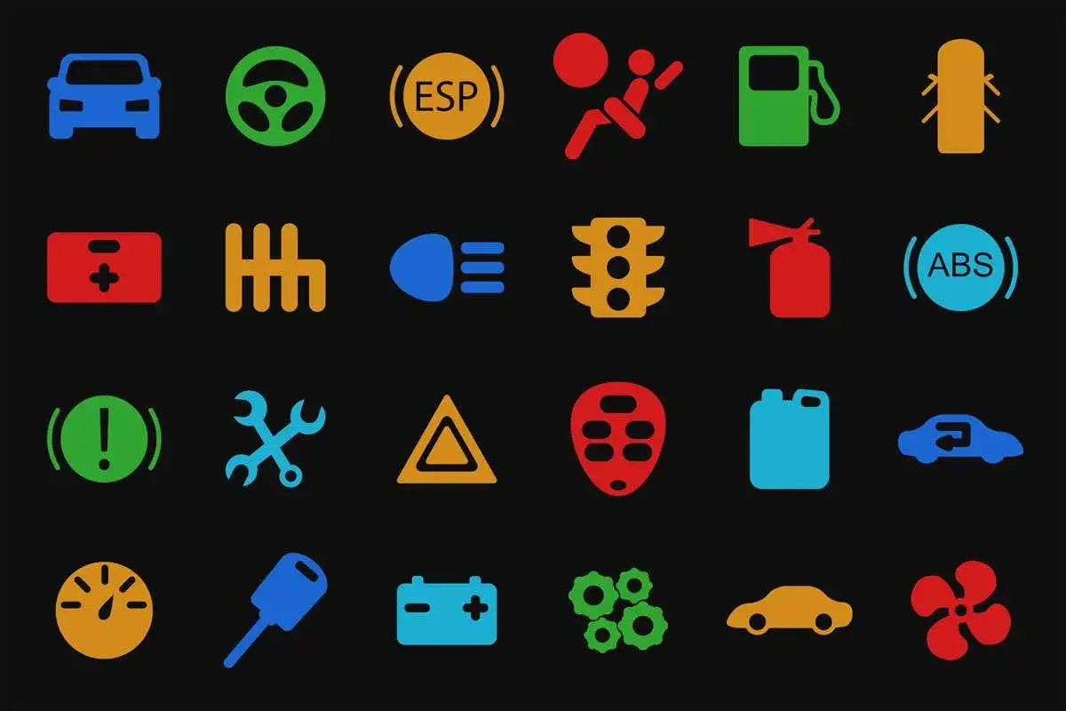 Un elenco di spie per la Renault Clio: auto, volante, ESP, airbag, benzina, batteria, cambio, fari, semaforo, estintore, ABS, punto esclamativo, chiavi inglesi, triangolo, maschera, tanica, auto blu, contagiri, chiave, batteria, ingranaggi, auto gialla...