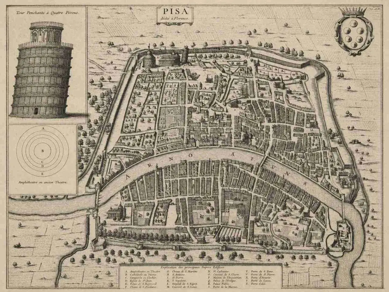 Antica mappa di Pisa, con la Torre Pendente e il Duomo. Un tempo Pisa era sul mare, come suggerisce la vicinanza del fiume Arno.