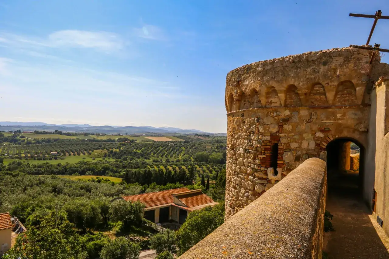 Torre medievale a Magliano in Toscana, con vista su uliveti e colline. Un luogo incantevole da esplorare.