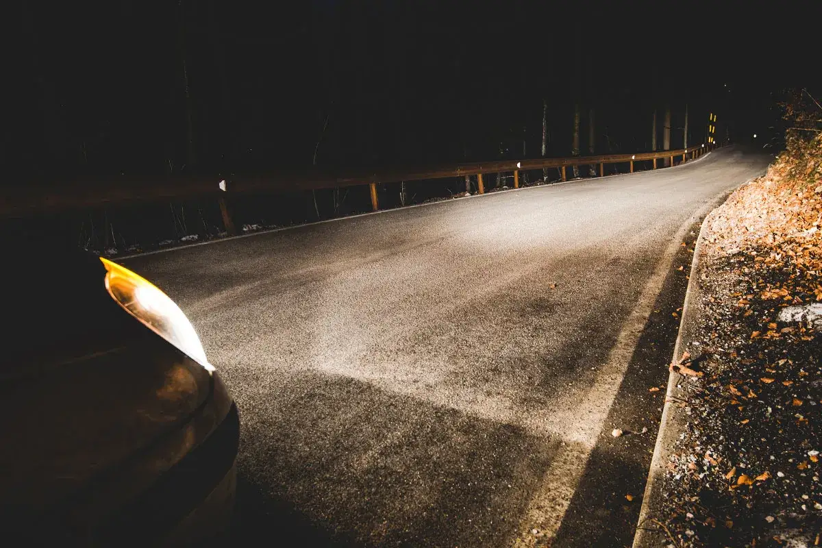 Luci abbaglianti illuminano una strada tortuosa di notte, con un guardrail di legno e foglie autunnali sul ciglio.