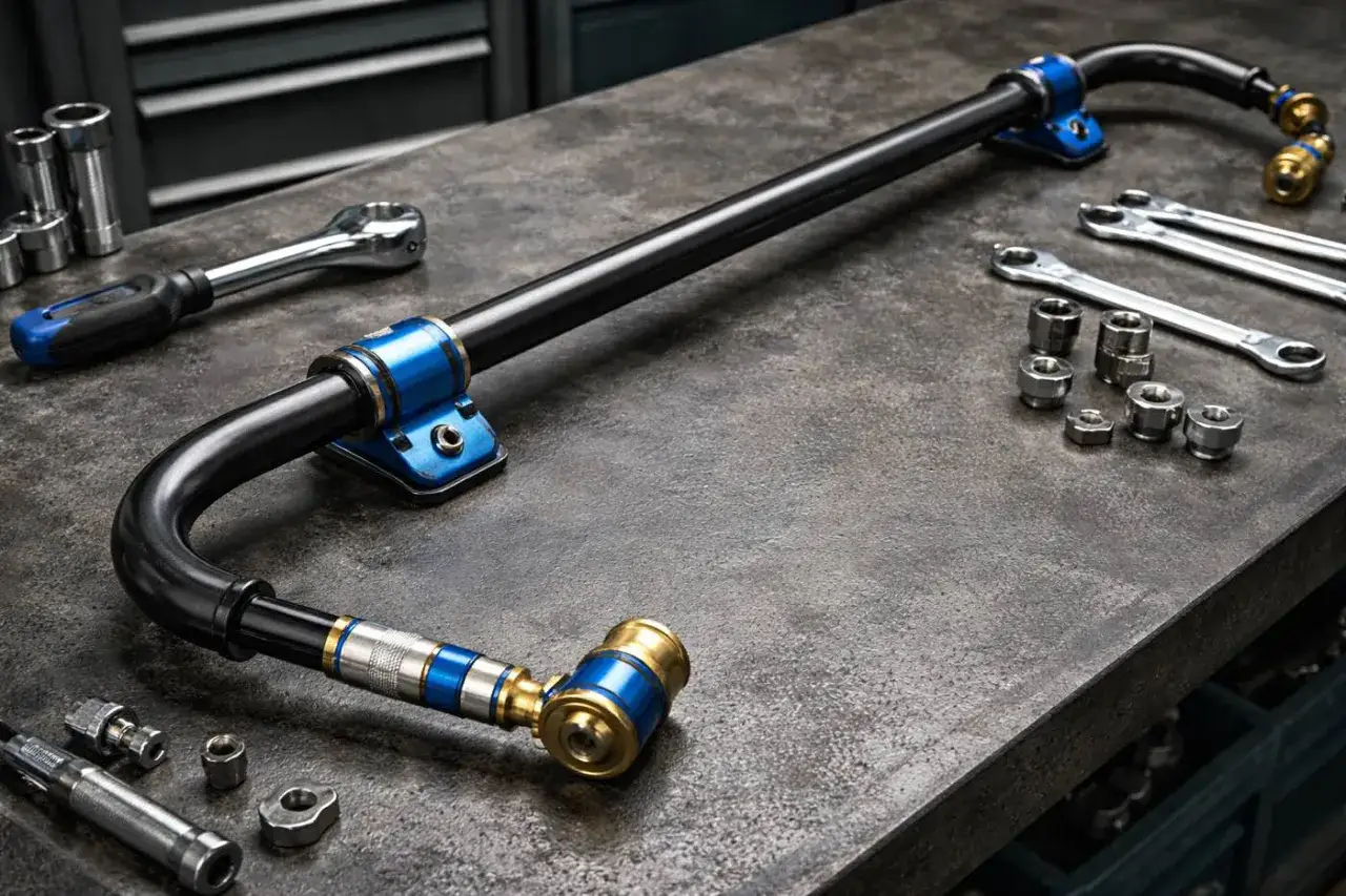 Barra stabilizzatrice con finiture blu e oro, progettata per ridurre il rumore. Attrezzi da officina circostanti.