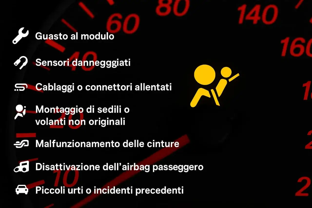 Spia airbag accesa fissa: possibili cause come guasti al modulo, sensori o cablaggi. Controllare anche cinture e montaggio sedili.