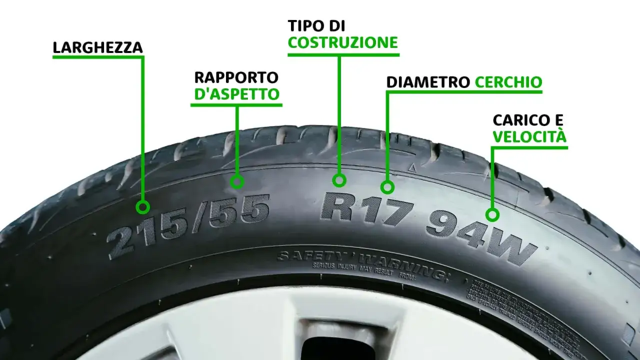 Spiegazione di come si misurano le gomme auto: larghezza, rapporto d'aspetto, tipo di costruzione, diametro cerchio, carico e velocit&agrave;.