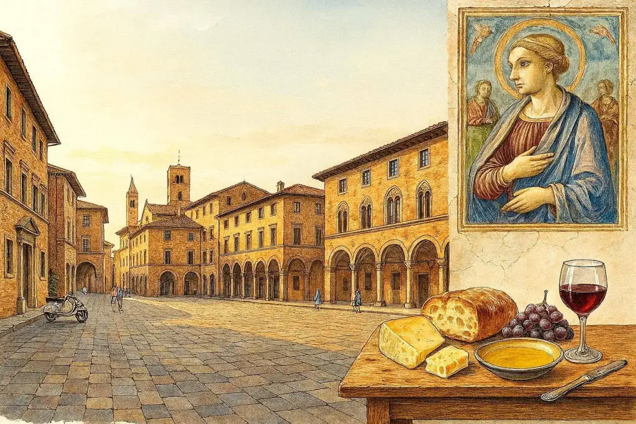 Piazza con portici, un affresco di un santo e un tavolo con pane, formaggio, uva e vino. Un assaggio di cosa vedere ad Arezzo e dintorni.