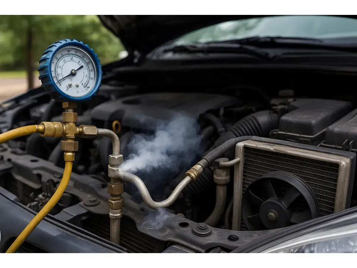 Manometro collegato al motore dell'auto, con fumo che fuoriesce da un tubo, indicando una possibile perdita gas condizionatore.