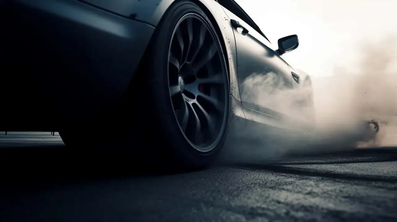 Un'auto sportiva nera sbanda, sollevando fumo e polvere. Si sente il rumore rotolamento pneumatici a bassa velocità, mentre la gomma brucia sull'asfalto.