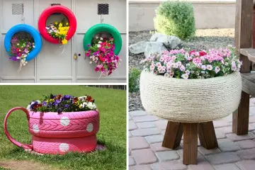 Idee creative per riciclare pneumatici: fioriere colorate appese, a forma di tazza e rivestite di corda.